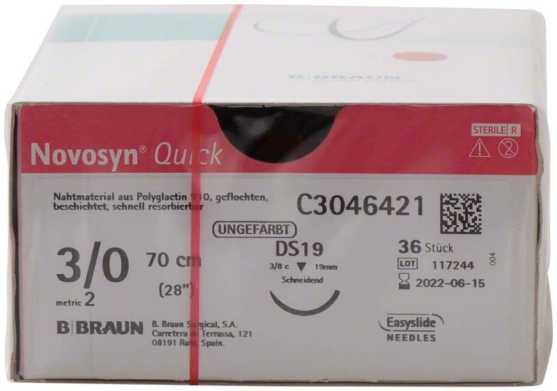 Verpackung von Novosyn® QUICK 3/0 DS19 chirurgischem Nahtmaterial, 70 cm, ungefärbt.
