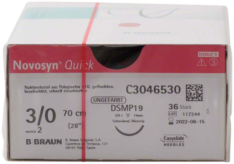 Novosyn® QUICK 3/0 DSMP19 Verpackung mit 70 cm Nahtmaterial.