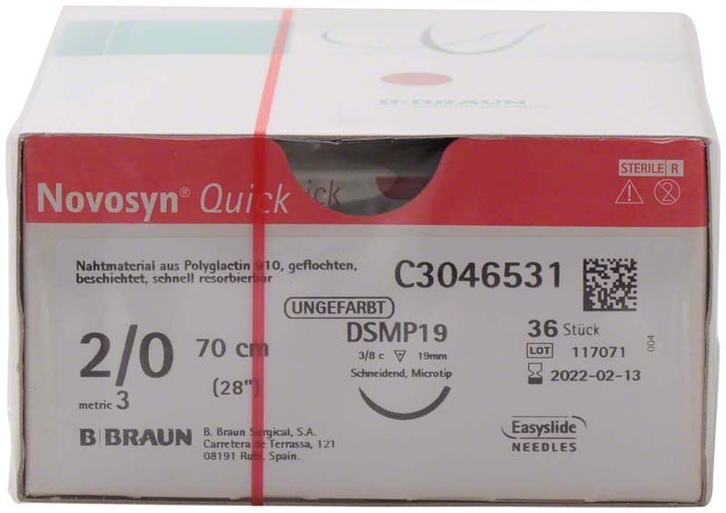 Novosyn® QUICK chirurgisches Nahtmaterial 2/0 DSMP19, 70 cm, 36 Stück, unbeschichtet.