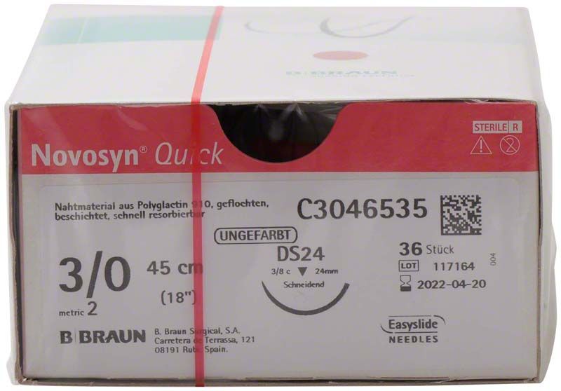 Novosyn® QUICK 3/0 DS24 chirurgisches Nahtmaterial, 45 cm, 36 Stück, steril verpackt.