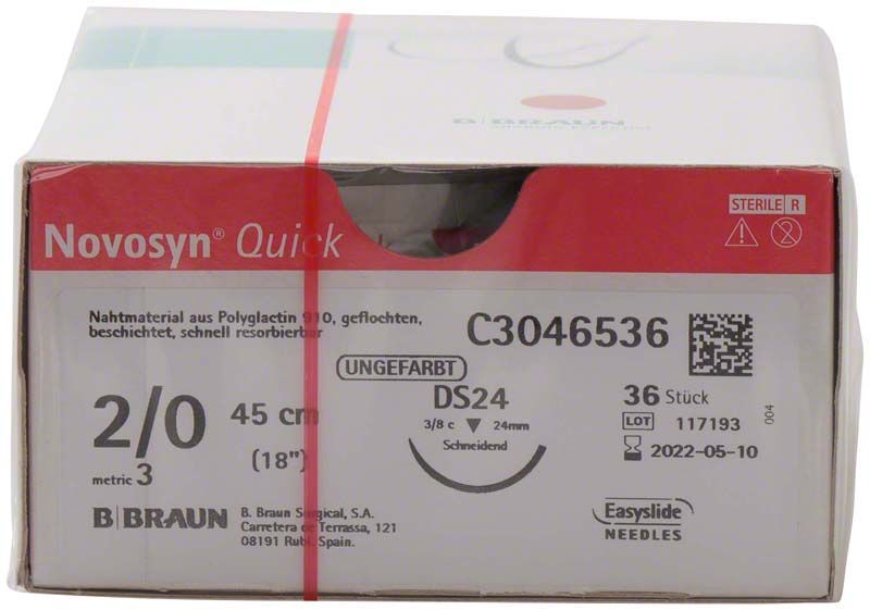 Novosyn® QUICK 2/0 DS24 chirurgisches Nahtmaterial in Originalverpackung.