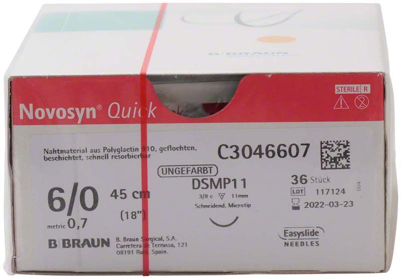 Novosyn® QUICK 6/0 Nahtmaterial in Originalverpackung mit Produktdetails.