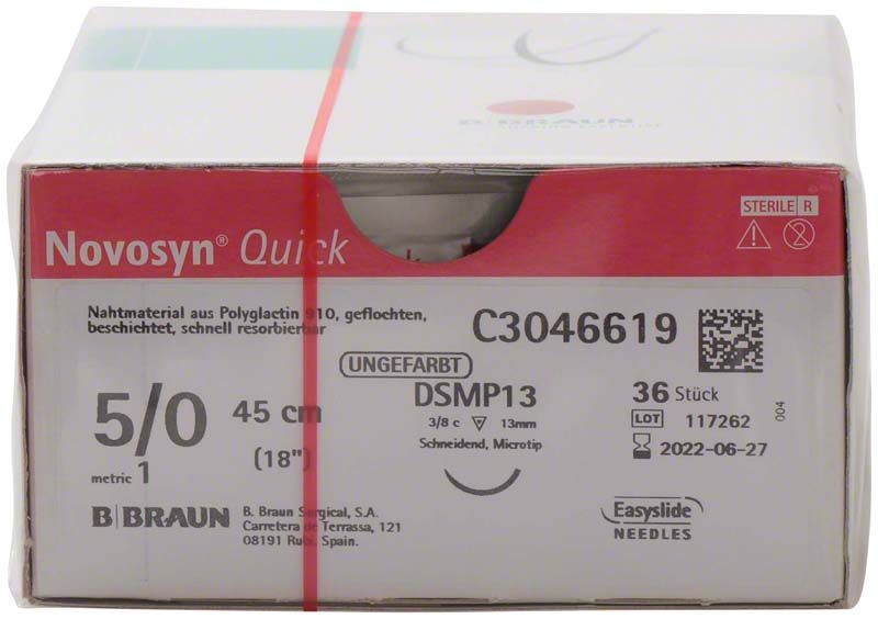 Novosyn® QUICK 5/0 DSMP13 chirurgisches Nahtmaterial, ungefarbt, 45 cm, 36 Stück.