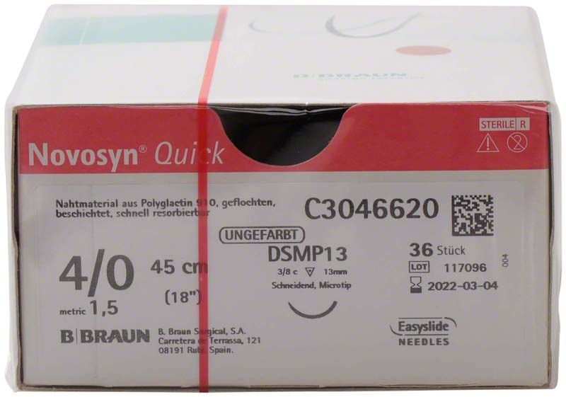Novosyn® QUICK 4/0 DSMP13 Nahtmaterial-Verpackung mit Produktinformationen und Logo.