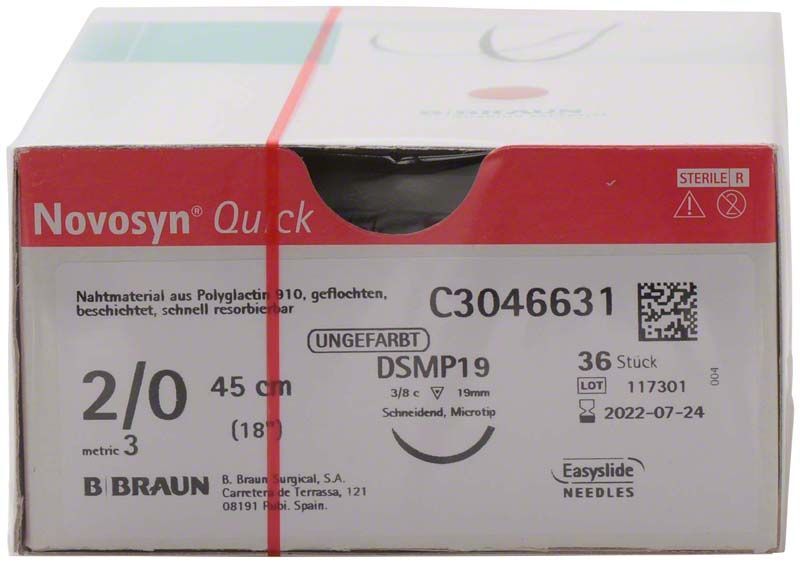 Verpackung von Novosyn® QUICK 2/0 DSMP19 Nahtmaterial, 36 Stück.