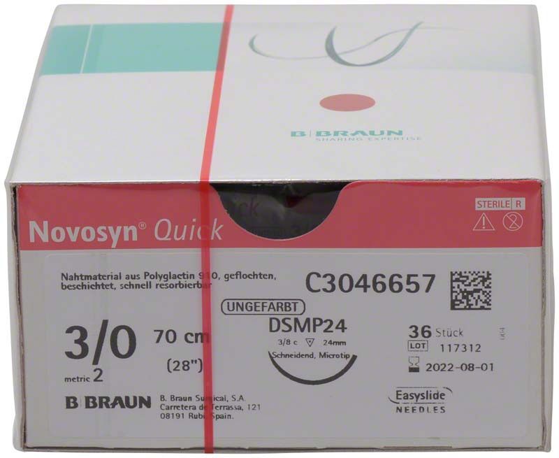 Novosyn® QUICK 3/0 DSMP24 Nahtmaterial-Verpackung mit Produktdetails und Logo.