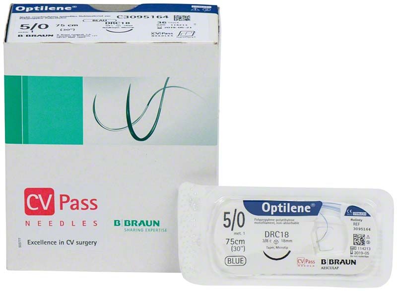 Optilene® Nahtmaterial 5/0, 0,75m DRC18, Verpackungsvorderseite.