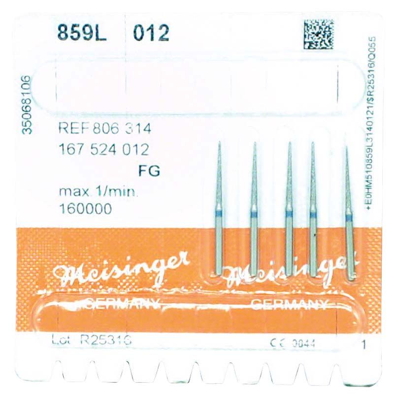 Zahnärztliche Diamantbohrer FG 859L 012 blau in Blisterverpackung.