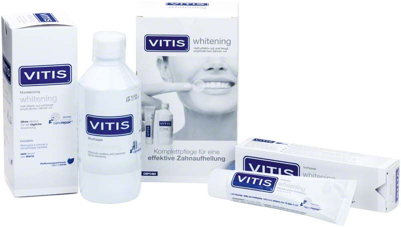 VITIS whitening 2in1 Set mit Zahnpasta und Mundspülung gegen Zahnverfärbungen.