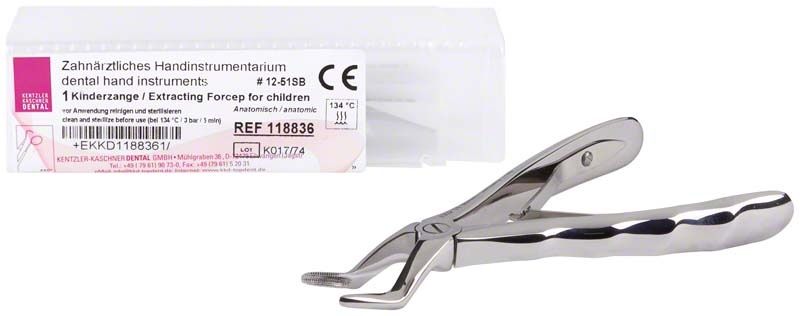 Kinderzahnzange anatomisch Form 51SB mit Verpackung im Hintergrund.