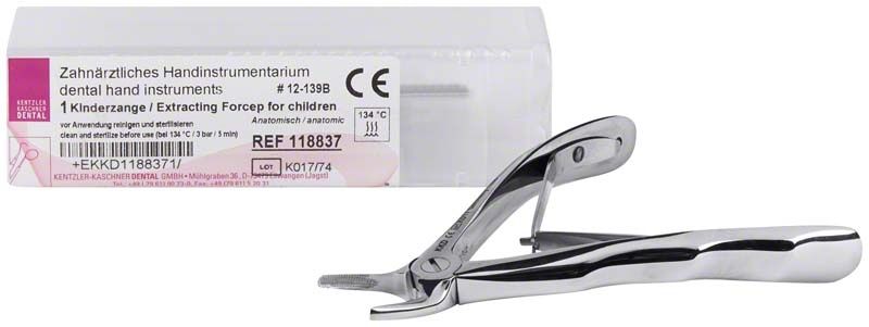 Zahnärztliche Kinderzahnzange anatomisch geformt für OK Prämolaren, mit Verpackung.
