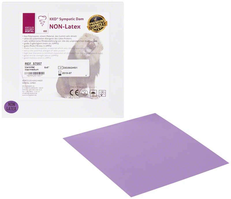 KKD® Sympatic Dam NON-Latex Premium lila mit Verpackungsetikett.