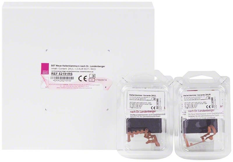 Neue Hallerklammer nach Dr. Landenberger Rot (TiN) in Verpackung.