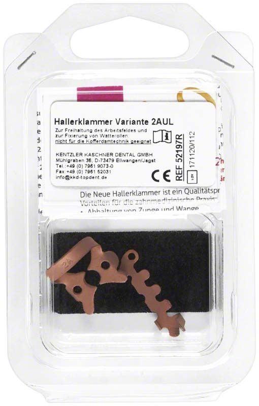Hallerklammer nach Dr. Landenberger Rot (TiN) in Verpackung mit Etikett.