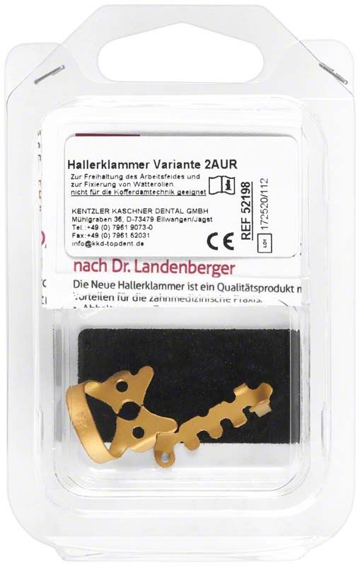 Goldene Hallerklammer nach Dr. Landenberger in transparenter Verpackung.