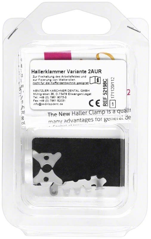 Hallerklammer Variante 2AUR in Blisterverpackung mit Etikett und Firmeninformationen.