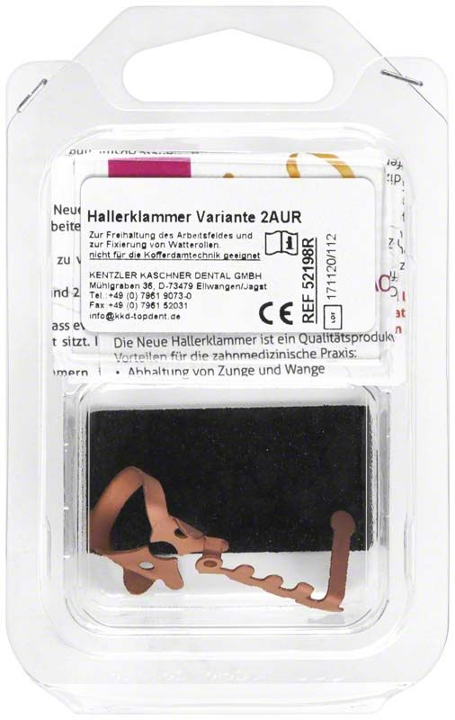 Neue Hallerklammer nach Dr. Landenberger Rot (TiN) in Verpackung.