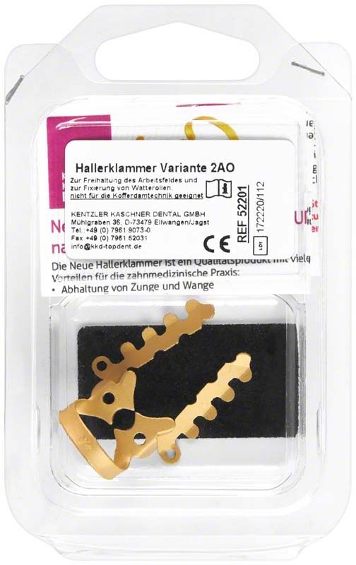 Hallerklammer Variante 2AO in goldener Farbe in Kunststoffverpackung.
