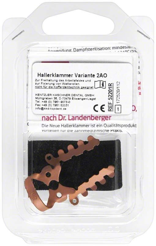 Neue Hallerklammer nach Dr. Landenberger Rot (TiN) in Verpackung.