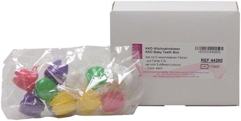 KKD Milchzahndosen Set mit bunten Boxen und Verpackung.