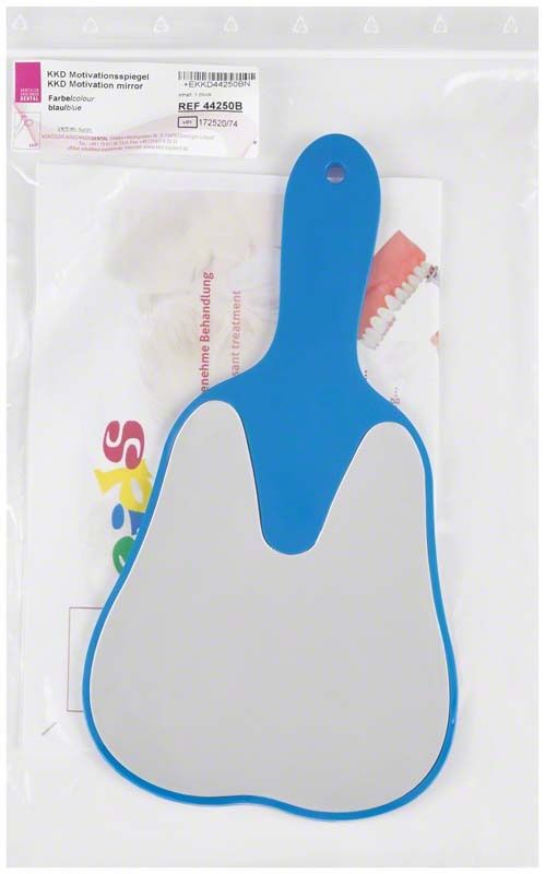 Blauer Handspiegel in Zahnform für Kinderprophylaxe.