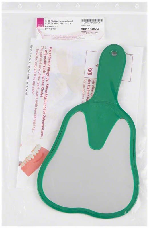 Grüner KKD® Kids Motivationsspiegel in Birnenform mit Verpackung.