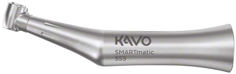 Dental-Winkelstück SMARTmatic S53 aus Edelstahl mit Gravur auf weißem Hintergrund.