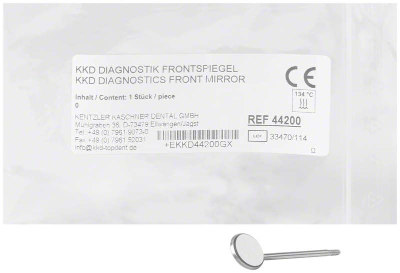 KKD® Mundspiegel Gr. 0 mit Rhodium-Oberflächenverspiegelung in Verpackung.