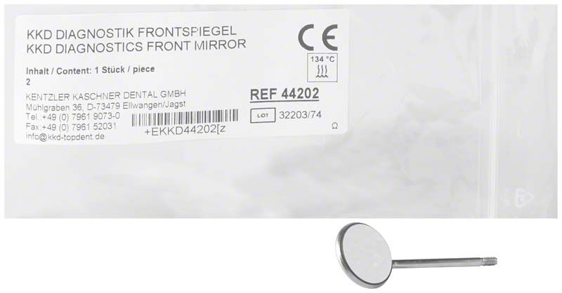 KKD Mundspiegel Gr. 2 mit Rhodium-Oberflächenverspiegelung vor Verpackung.