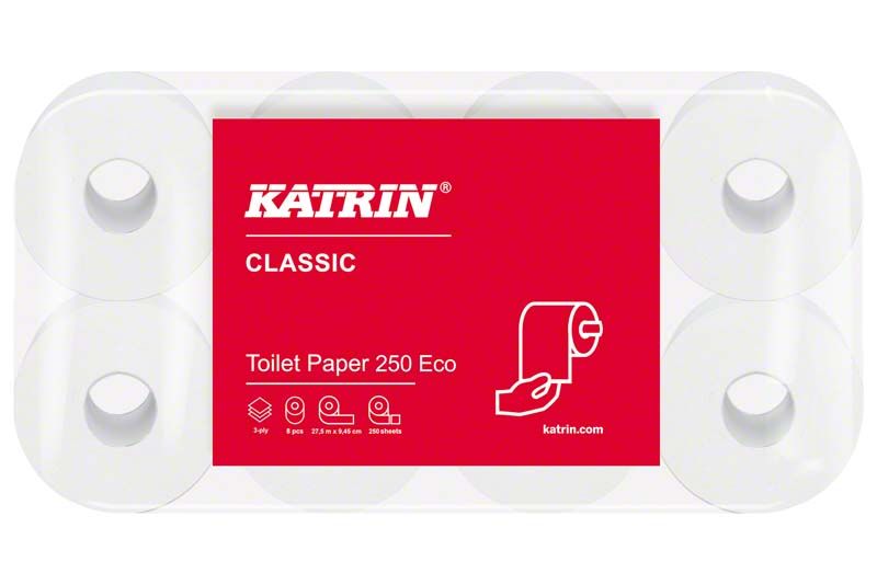 KATRIN® Classic Toilet Paper 250 Eco in roter Verpackung mit sechs Rollen.