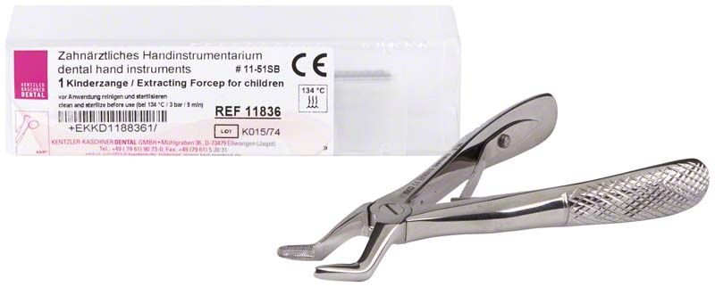 Kinderzahnzange mit Rautengriff und Verpackungsetikett.