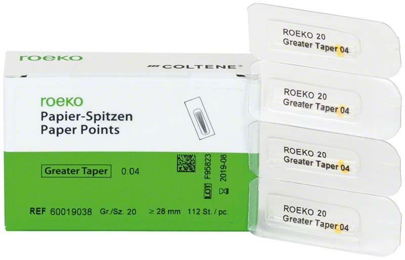 ROEKO Papierspitzen Greater Taper 0.04 Gr. 20 in Verpackung.