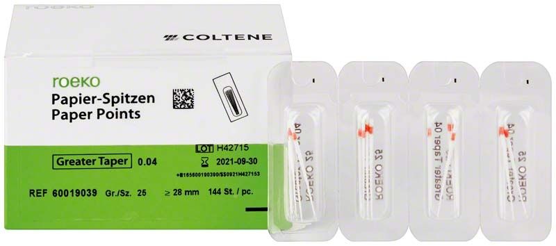 ROEKO Papier-Spitzen Greater Taper 0.04, Gr. 25, Verpackung und Einzelspitzen.