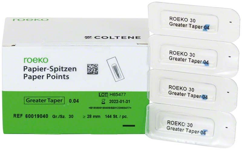 ROEKO Papier-Spitzen Greater Taper 0.04, Größe 30, in Verpackung.