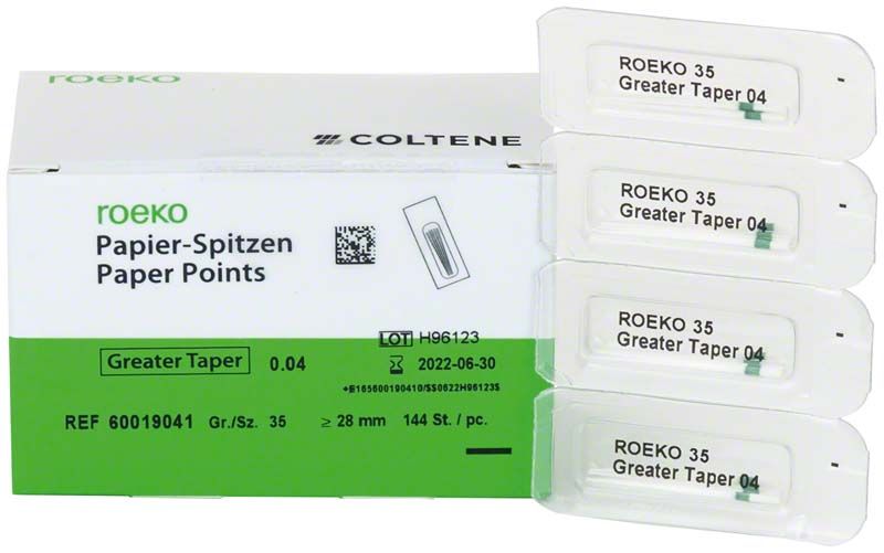 ROEKO Papierspitzen Greater Taper 0.04 mit Verpackung und Einzelverpackungen.