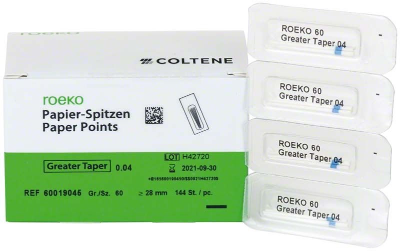 ROEKO Papierspitzen Greater Taper 0.04 Cellpack Gr. 60 mit Verpackung und Einzelbehältern.