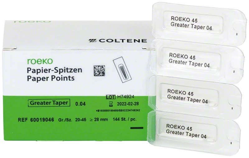 Verpackung von ROEKO Papier-Spitzen Greater Taper 0.04, Größe 20-45.