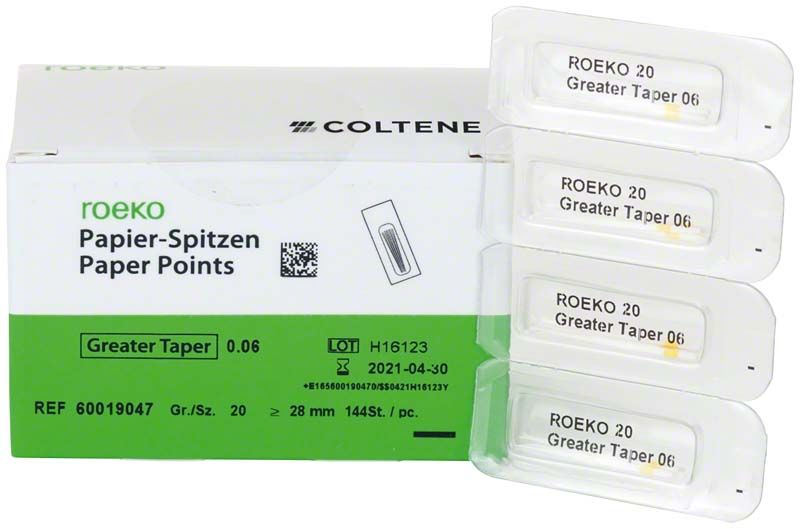 Weiße Verpackung mit ROEKO Papierspitzen Greater Taper 0.06, Gr. 20.