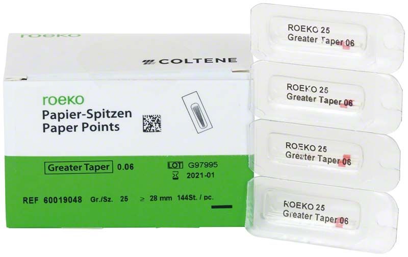 ROEKO Papierspitzen Greater Taper 0.06, Verpackung mit drei Blisterpackungen.