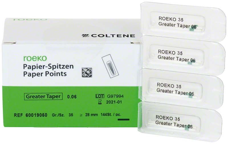 ROEKO Papierspitzen Greater Taper 0.06, Gr. 35, in Verpackung.