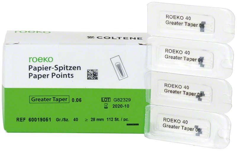 ROEKO Papierspitzen Greater Taper 0.06, Größe 40, auf Verpackung.