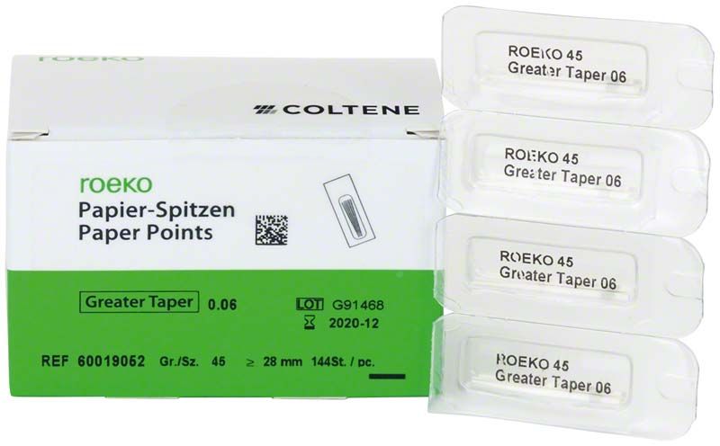 ROEKO Papierspitzen Greater Taper 0.06 Cellpack Gr. 45 mit Verpackung und Einzelverpackungen.