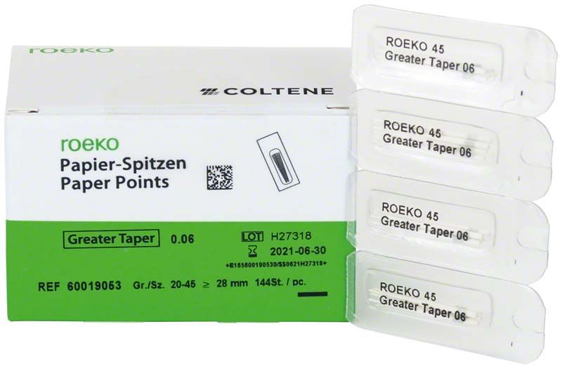 ROEKO Papierspitzen Greater Taper 0.06 in Verpackung mit Produktdetails.