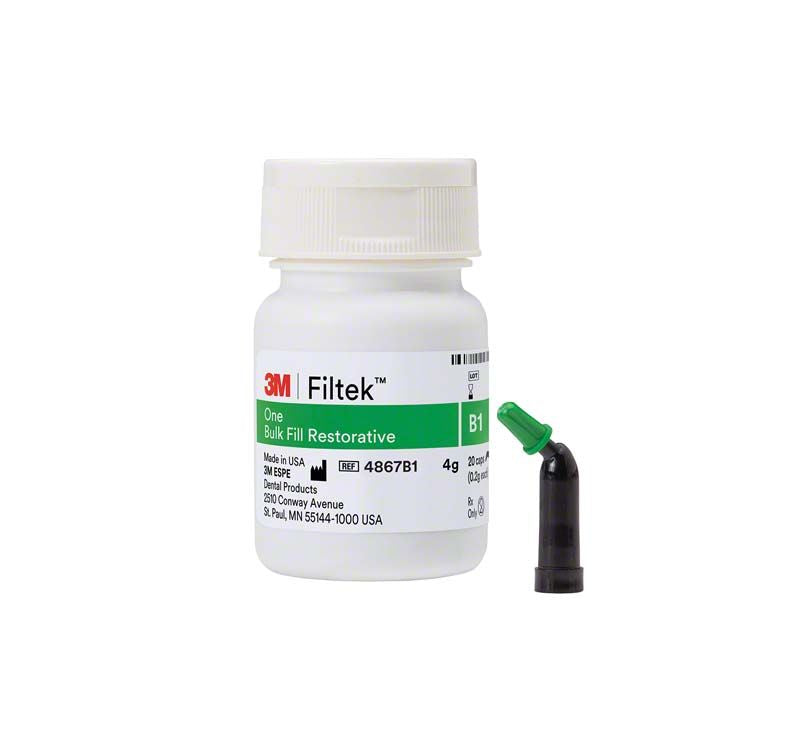 Filtek™ One Bulk Fill Kapseln B1, Zahnrestaurationskomposit in weißer Flasche.