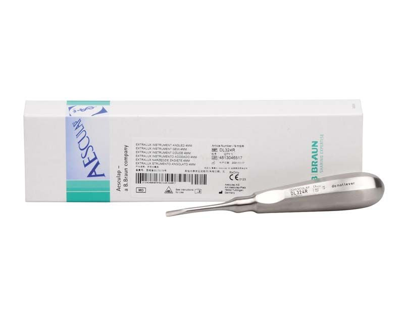 ExtraLux Instrument abgewinkelt, 4mm, vor Verpackung auf weißem Hintergrund.