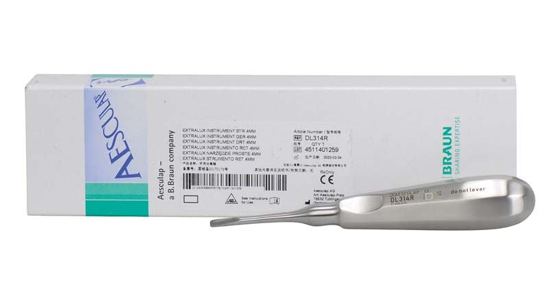 ExtraLux Instrument gerade, 4mm vor seiner Originalverpackung.