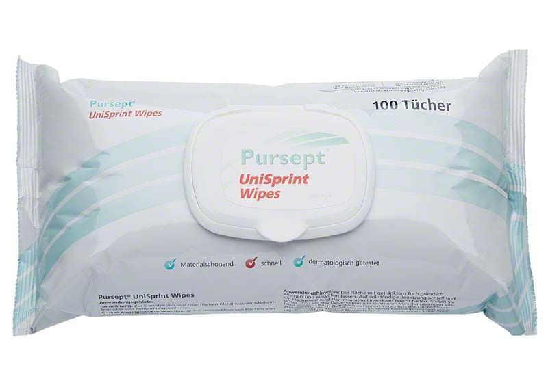 Pursept UniSprint Wipes Verpackung mit 100 Desinfektionstüchern.