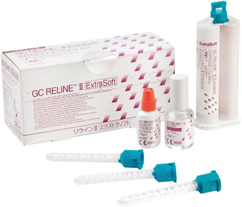 GC Reline™ II Extra Soft Intro Kit mit Silikon-Unterfütterungsmaterial und Zubehör.