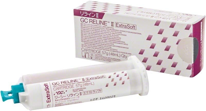 GC Reline II Extra Soft Silikon-Unterfütterungsmaterial in Nachfüllkartusche mit Verpackung.