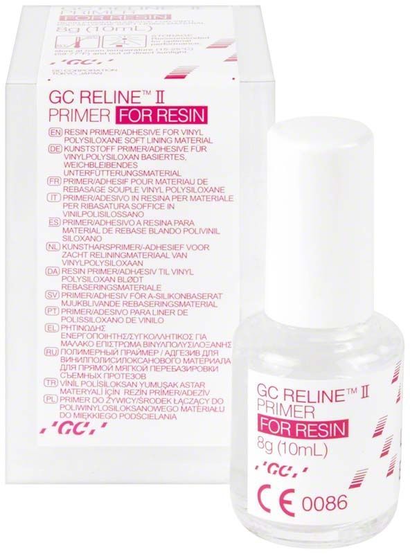 GC Reline™ II Primer für Resin mit Verpackung und Flasche.